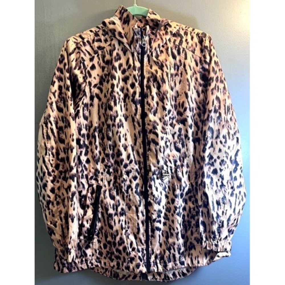 Details Intl Womens Leopard Print Windbreaker Jacket Hooded Full Zip Tan Black M